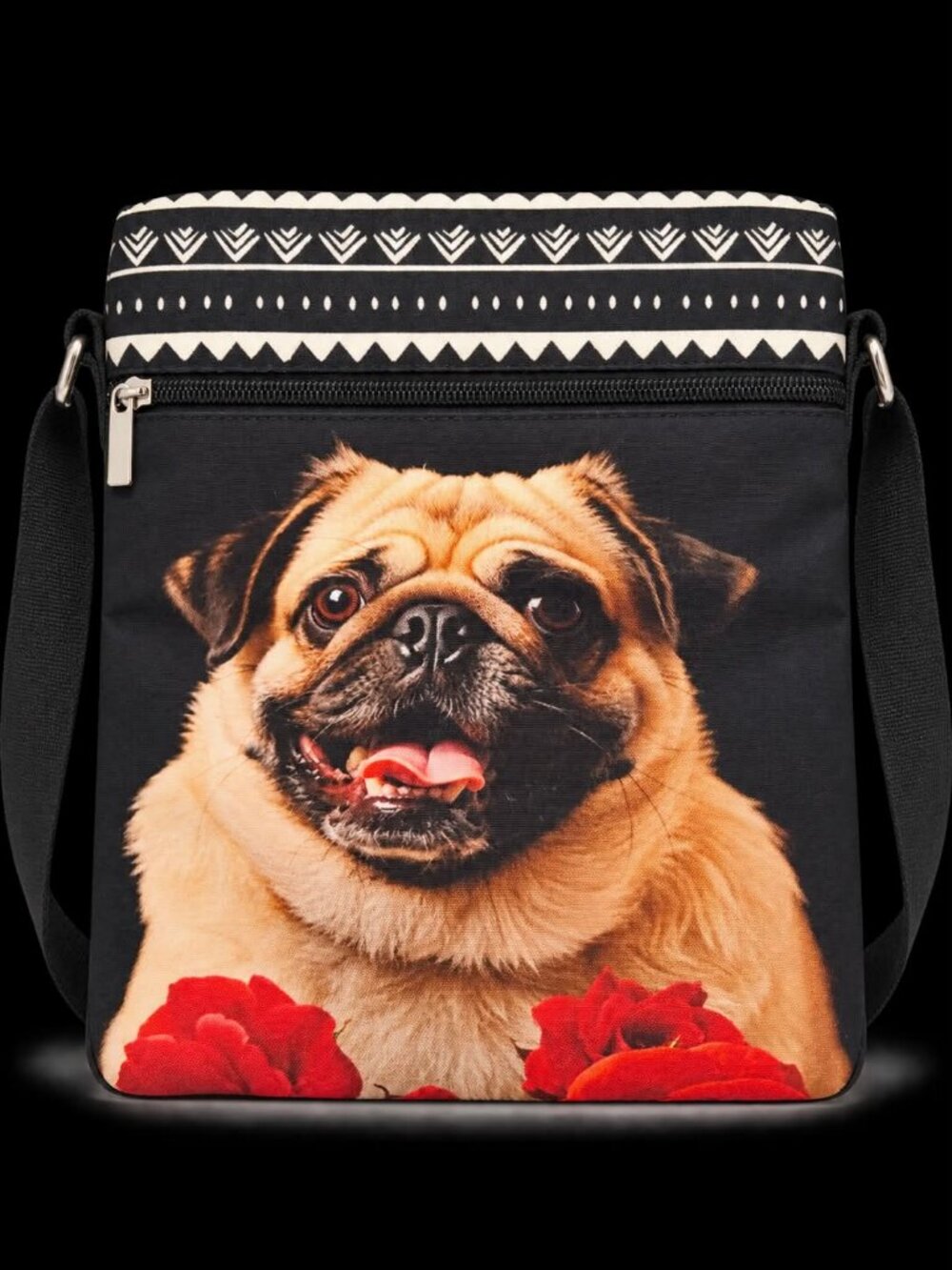 Pug and Red Rose Crossbody Bag